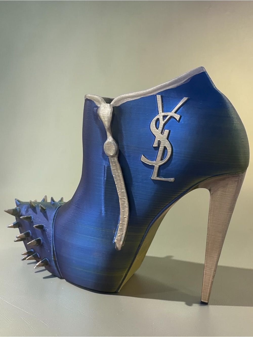 3d Hand Crafted YSL Logo Green & Blue Metallic Silver Spike-Heel Accent Stiletto - Picture 5 of 15